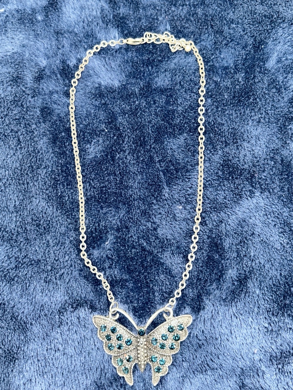 Silver Butterfly Pendant Necklace with Teal Crystals - Picture 4 of 5